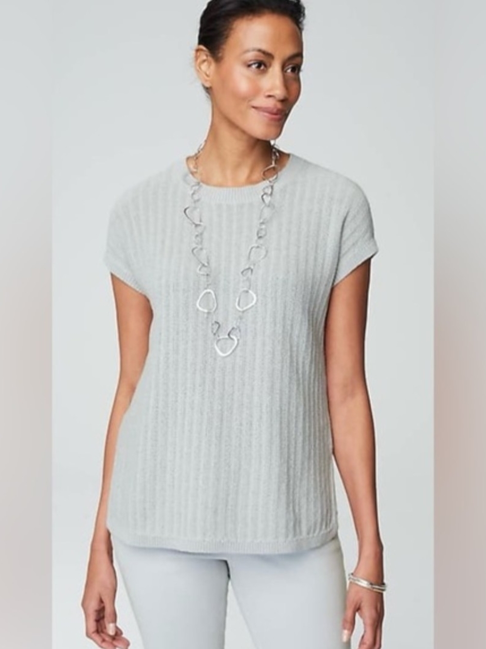J. Jill Wearever Collection Light Gray Ribbed Cap-Sleeve Knit Top